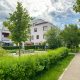 Residential area with ecological and sustainable green residential buildings, low-energy houses with apartments and green courtyard